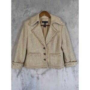 New York & Company Blazer Women Sz 8 Beige Tweed Boucle Fringe 3/4 Sleeve Career